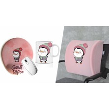 Office Küp 3'lü Ofis Seti Bel Yastığı Kahve Bardağı Mouse Pad Pembe Pingu