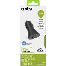 Sbs Mini Araç Şarj Cihazı 12/24V 2400 mAh 2 Usb Çıkışı Siyah TECR2USB24AFAST