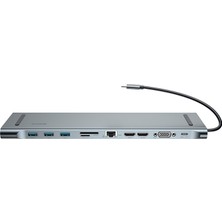 Baseus CATSX-G0G 11 In 1 Enjoyment Series Type-C Notebook Hub Adapter Gray (PD/HDMI/VGA/RJ45/SD/USB*3) Adaptör Çoklayıcı