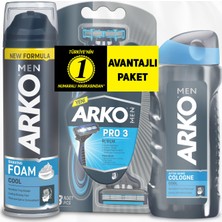 Arko Men T3 Pro 3 Bıçaklı Tıraş Bıçağı 3'lü & Cool Tıraş Köpüğü 200 ml & Cool Tıraş Kolonyası 250 ml Süper Fırsat Paketi