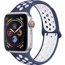 Case 4U Apple Watch Seri 7/6/SE/5/4 Delikli Spor Kayış 45mm 44mm 42mm Uyumlu Mavi - Beyaz