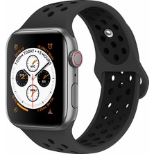 Case 4U Apple Watch Seri 7/6/SE/5/4 Delikli Spor Kayış 45mm 44mm 42mm Uyumlu Siyah