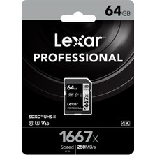 Lexar 64GB 1667X SDXC 4K V60 U3 C10 250MB/sn Hafiza Kart (Silver Series) LSD64GCB1667