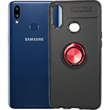 Case 4U Samsung Galaxy A10S Kılıf Autofocus Shockprof Ravel Yüzüklü Standlı Slikon Kapak Siyah Kırmızı