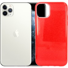 Case 4U Apple iPhone 11 Pro Kılıf Çift Katmanlı Simli Shining Sert Silikon Arka Kapak Kırmızı