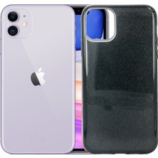 Case 4U Apple iPhone 11 Kılıf Çift Katmanlı Simli Shining Sert Silikon Arka Kapak Siyah