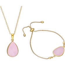 Altın Kaplama Bayan Pembe Taşlı Kolye Bileklik Set Ps0478