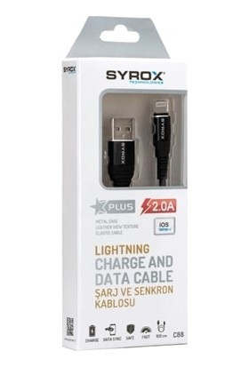Syrox SYX-C88 Lightning 2A Metal Başlıklı Şarj ve Data Kablosu 1 mt