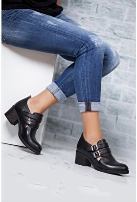 Tarçın Deri Siyah Günlük Kadın Topuklu Ayakkabı TRC50-0702