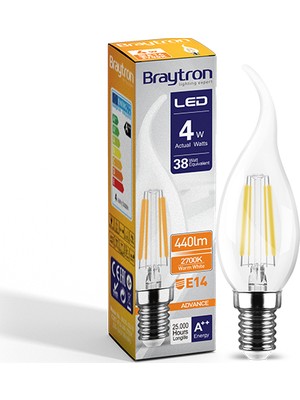 Braytron Kıvrık Buji Ince Duylu LED Ampul Cam 4 W E-14 2700K Gunışığı Işık BA35-00410