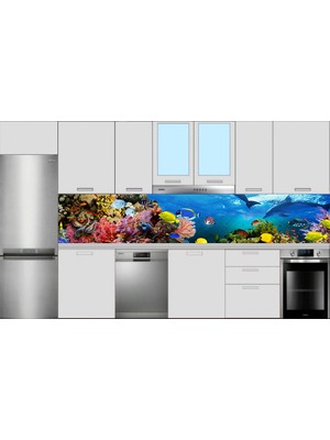 Renkli Duvarlar Mutfak Tezgah Arası Akvaryum Balık Desen Folyo Kaplama Sticker