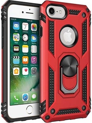 Tekno Grup Apple iPhone 8 Kılıf Yüzüklü Standlı Ultra Korumalı Manyetik Vega Kapak-Kırmızı + Full Body Ekran Koruyucu
