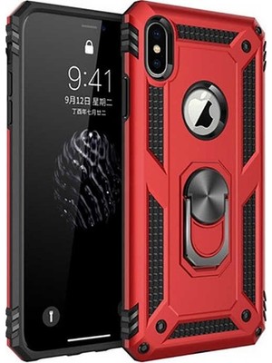 Tekno Grup Apple iPhone X Kılıf Yüzüklü Standlı Ultra Korumalı Manyetik Vega Kapak-Kırmızı + Full Body Ekran Koruyucu