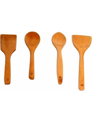 Evefix 4'lü Ahşap Kaşık Spatula Kepçe Seti