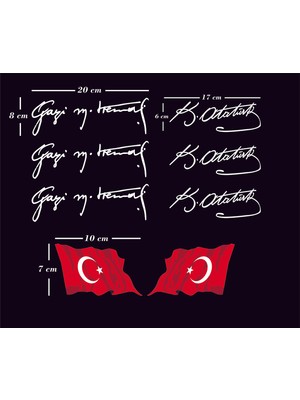 Areksan Reklam Üçlü Beyaz Renk Atatürk Imza ve Ikili Türk Bayrağı Sticker Set