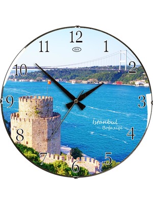 Rikon Hisarı Temalı Dekoratif Bombe Camlı Duvar Saati 35X35 Cm