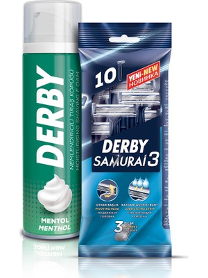 Derby Samurai 3 Bıçaklı 10'lu Poşet + Tıraş Köpüğü Mentol 200 ml