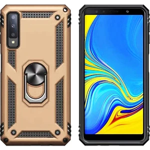 Galaxy A7 2018 Kılıf Zırh Koruma Yüzüklü Standlı Armor Silikon Kapak + Ekran Koruma Gold