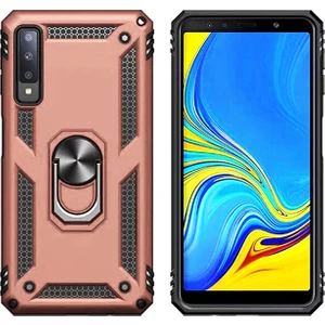 Galaxy A7 2018 Kılıf Zırh Koruma Yüzüklü Standlı Armor Silikon Kapak + Ekran Koruma Rose Gold