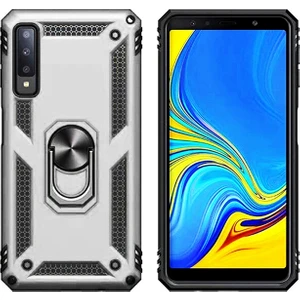 Galaxy A7 2018 Kılıf Zırh Koruma Yüzüklü Standlı Armor Silikon Kapak + Ekran Koruma Gri