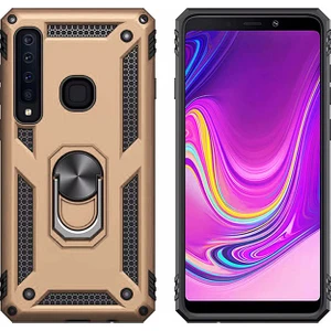 Galaxy A9 2018 Kılıf Zırh Koruma Yüzüklü Standlı Armor Silikon Kapak Gold