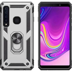 Galaxy A9 2018 Kılıf Zırh Koruma Yüzüklü Standlı Armor Silikon Kapak Gri