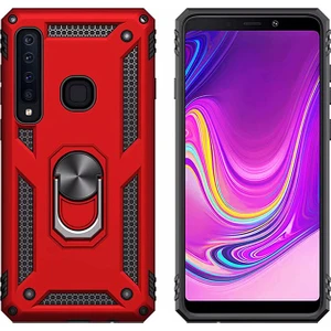 Galaxy A9 2018 Kılıf Zırh Koruma Yüzüklü Standlı Armor Silikon Kapak + Nano Ekran Koruma Kırmızı