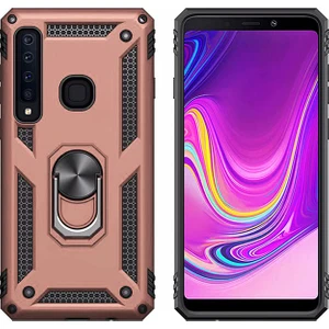 Galaxy A9 2018 Kılıf Zırh Koruma Yüzüklü Standlı Armor Silikon Kapak + Nano Ekran Koruma Rose Gold