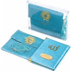 Şantuk Kumaş Kaplı Yasin Kitabı - Çanta Boy - İsme Özel Plakalı - Tesbihli - Keseli - Kutulu Mavi