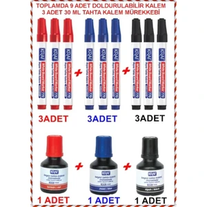 Doldurulabilir Tahta Kalemi(770) 3 Siyah + 3 Mavi+ 3 Kırmızı  ve 1 Siyah + 1 Mavi +1 Kırmızı 30 ml Mürekkep(445G)