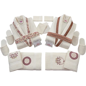 Meltem Nakışlı Lüks 16 Parça Bordo Aile Bornoz Seti