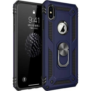 Tekno Grup Apple iPhone X Kılıf Yüzüklü Standlı Ultra Korumalı Manyetik Vega Kapak-Lacivert + Cam Ekran Koruyucu
