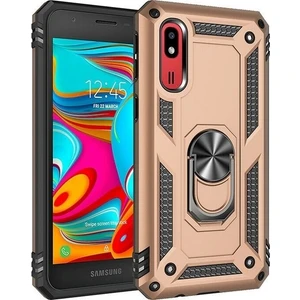 Tekno Grup Samsung Galaxy A2 Core Kılıf Yüzüklü Standlı Ultra Korumalı Manyetik Vega Kapak-Gold + Cam Ekran Koruyucu