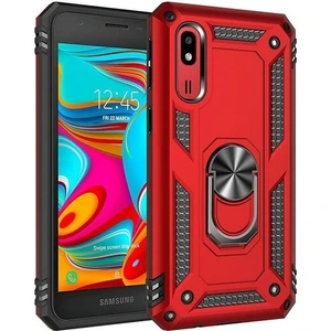 Tekno Grup Samsung Galaxy A2 Core Kılıf Yüzüklü Standlı Ultra Korumalı Manyetik Vega Kapak-Kırmızı + Cam Ekran Koruyucu