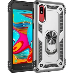 Tekno Grup Samsung Galaxy A2 Core Kılıf Yüzüklü Standlı Ultra Korumalı Manyetik Vega Kapak-Gümüş + Cam Ekran Koruyucu