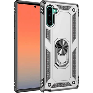 Tekno Grup Samsung Galaxy Note 10 Kılıf Yüzüklü Standlı Ultra Korumalı Manyetik Vega Kapak-Gümüş + Tam Kaplayan Cam Ekran Koruyucu