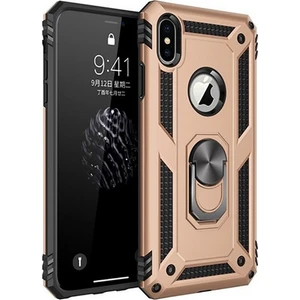 Tekno Grup Apple iPhone XS Max Kılıf Yüzüklü Standlı Ultra Korumalı Manyetik Vega Kapak-Gold + Tam Kaplayan 5D Nano Ekran Koruyucu