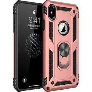Tekno Grup Apple iPhone XS Max Kılıf Yüzüklü Standlı Ultra Korumalı Manyetik Vega Kapak-Rose + Tam Kaplayan 5D Nano Ekran Koruyucu