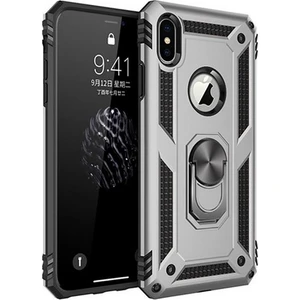 Tekno Grup Apple iPhone XS Max Kılıf Yüzüklü Standlı Ultra Korumalı Manyetik Vega Kapak-Gümüş + Tam Kaplayan 5D Nano Ekran Koruyucu