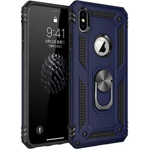 Tekno Grup Apple iPhone XS Max Kılıf Yüzüklü Standlı Ultra Korumalı Manyetik Vega Kapak-Lacivert + Tam Kaplayan 5D Nano Ekran Koruyucu