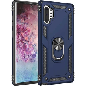 Tekno Grup Samsung Galaxy Note 10 Plus Kılıf Yüzüklü Standlı Ultra Korumalı Manyetik Vega Kapak-Lacivert + Tam Kaplayan 6D Nano Ekran Koruyucu