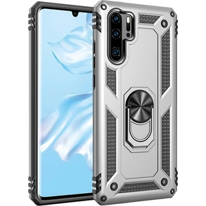 Tekno Grup Huawei P30 Pro Kılıf Yüzüklü Standlı Ultra Korumalı Manyetik Vega Kapak-Gümüş + Tam Kaplayan 6D Nano Ekran Koruyucu