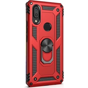 Tekno Grup Huawei Y7 2019 Kılıf Yüzüklü Standlı Ultra Korumalı Manyetik Vega Kapak-Kırmızı + Tam Kaplayan 6D Nano Ekran Koruyucu