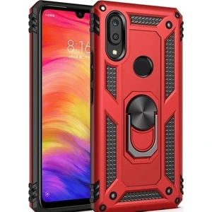 Tekno Grup Xiaomi Redmi Note 7 Kılıf Yüzüklü Standlı Ultra Korumalı Manyetik Vega Kapak-Kırmızı + Tam Kaplayan 6D Nano Ekran Koruyucu