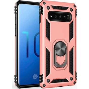 Tekno Grup Samsung Galaxy S10 Kılıf Yüzüklü Standlı Ultra Korumalı Manyetik Vega Kapak-Rose + Full Body 360 Ekran Koruyucu (Ön-Arka)
