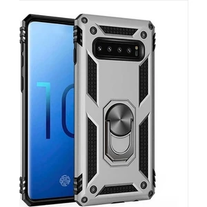 Tekno Grup Samsung Galaxy S10 Kılıf Yüzüklü Standlı Ultra Korumalı Manyetik Vega Kapak-Gümüş + Full Body 360 Ekran Koruyucu (Ön-Arka)