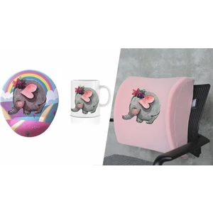 Office Küp 3'lü Ofis Seti Bel Yastığı Kahve Bardağı Mouse Pad Pembe Fil