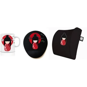 Office Küp 3'lü Ofis Seti Bel Yastığı Kahve Bardağı Mouse Pad Siyah Geişha
