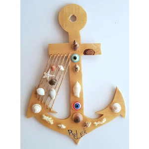 Deniz Kabuğu Süslemeli Ahşap Çapa El Yapımı Duvar Süsü 18 cm