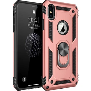 Apple iPhone X Kılıf Yüzüklü Standlı Tank Silikon - Rose +  Nano Cam
